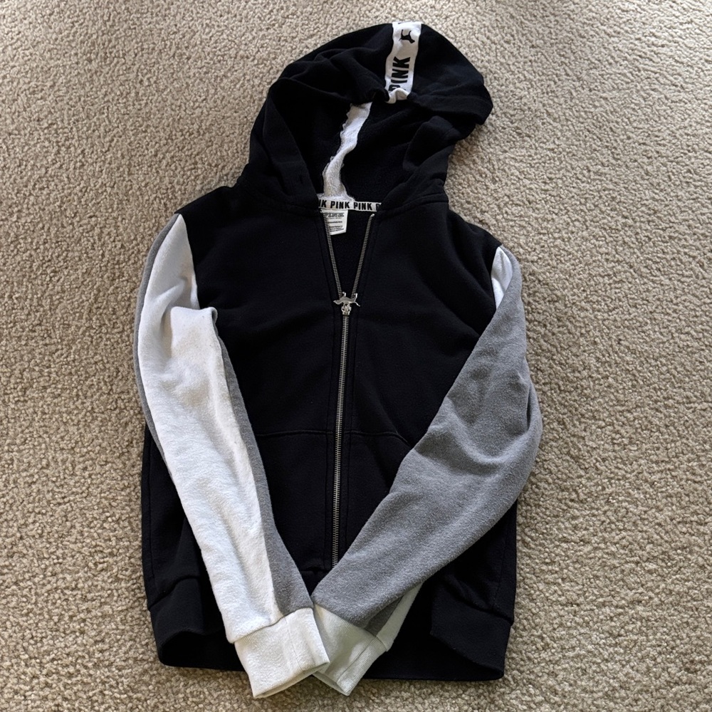 PINK Victoria's Secret Black and Gray Hoodie with White Dog Logo